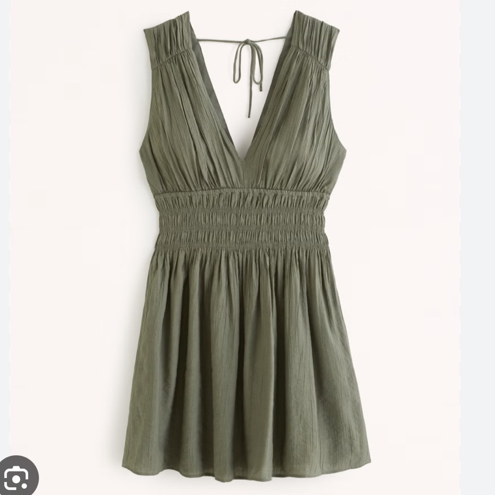 Abercrombie & Fitch Smocked Plunge Crinkle Mini Dress in Olive Medium Tall